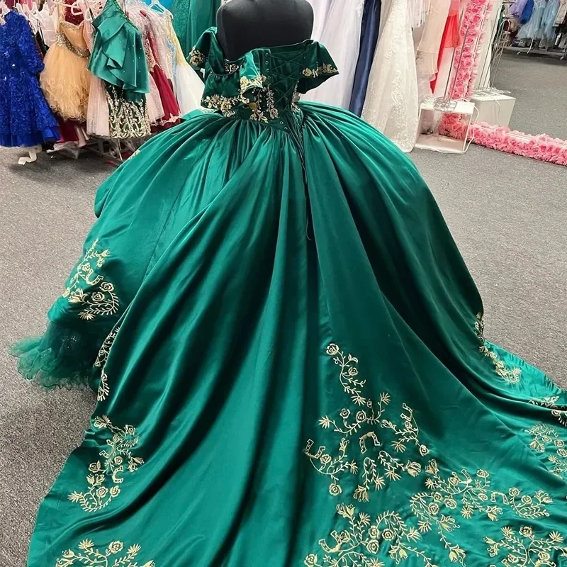 Precioso Vestido De baile verde esmeralda, quinceañera, apliques De satén, escalonados, fiesta De baile De cumpleaños, 15 Años