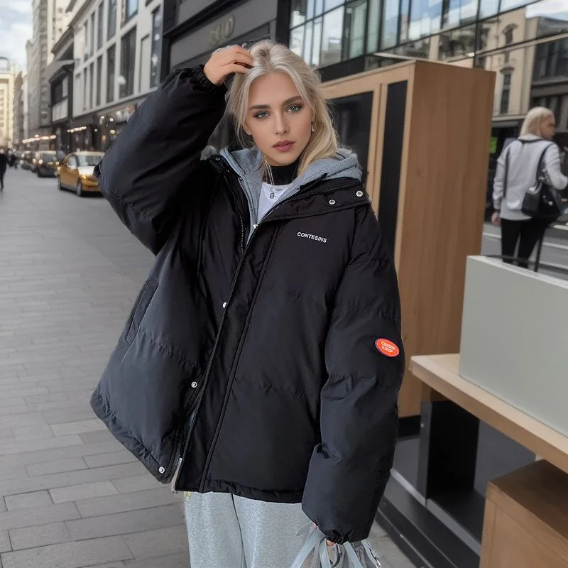 Veste matelassurera courte à capuche pour femme, faux deux pièces, chaud, épais, coton, abonnés féminins, hiver, 2024