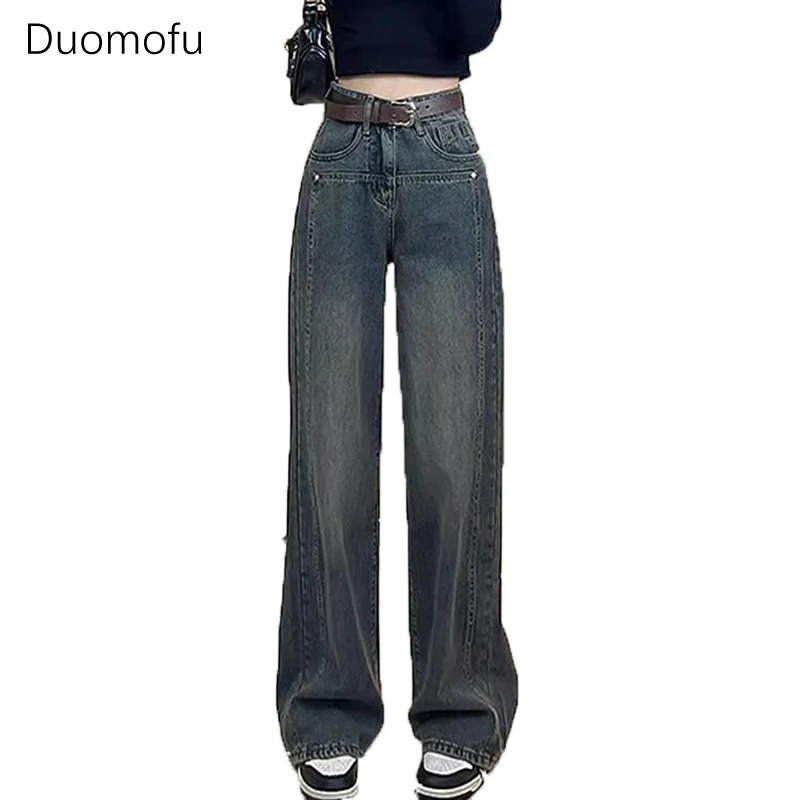 Duomofu-pantalones vaqueros rectos informales para mujer, Jeans femeninos de cintura alta ajustados, sueltos, básicos, simples, lavados, a la moda, longitud completa, otoño