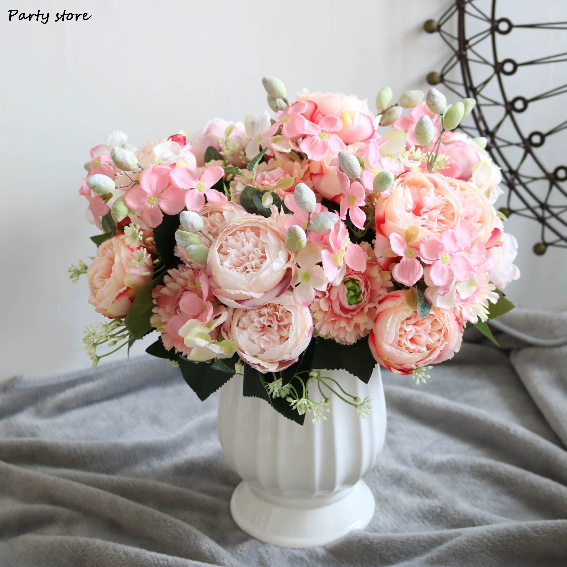 

1pc/30cm Rose Pink Silk Bouquet Peony Artificial Flower 5 Big Head 4 Small Bud Bride Wedding Home Decoration Artifical flower