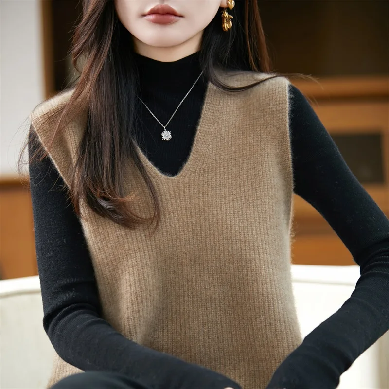 Outono inverno feminino 100% lã merino pulôver colete camisola com decote em v malhas cashmere macio solto estilo sem mangas roupas topo