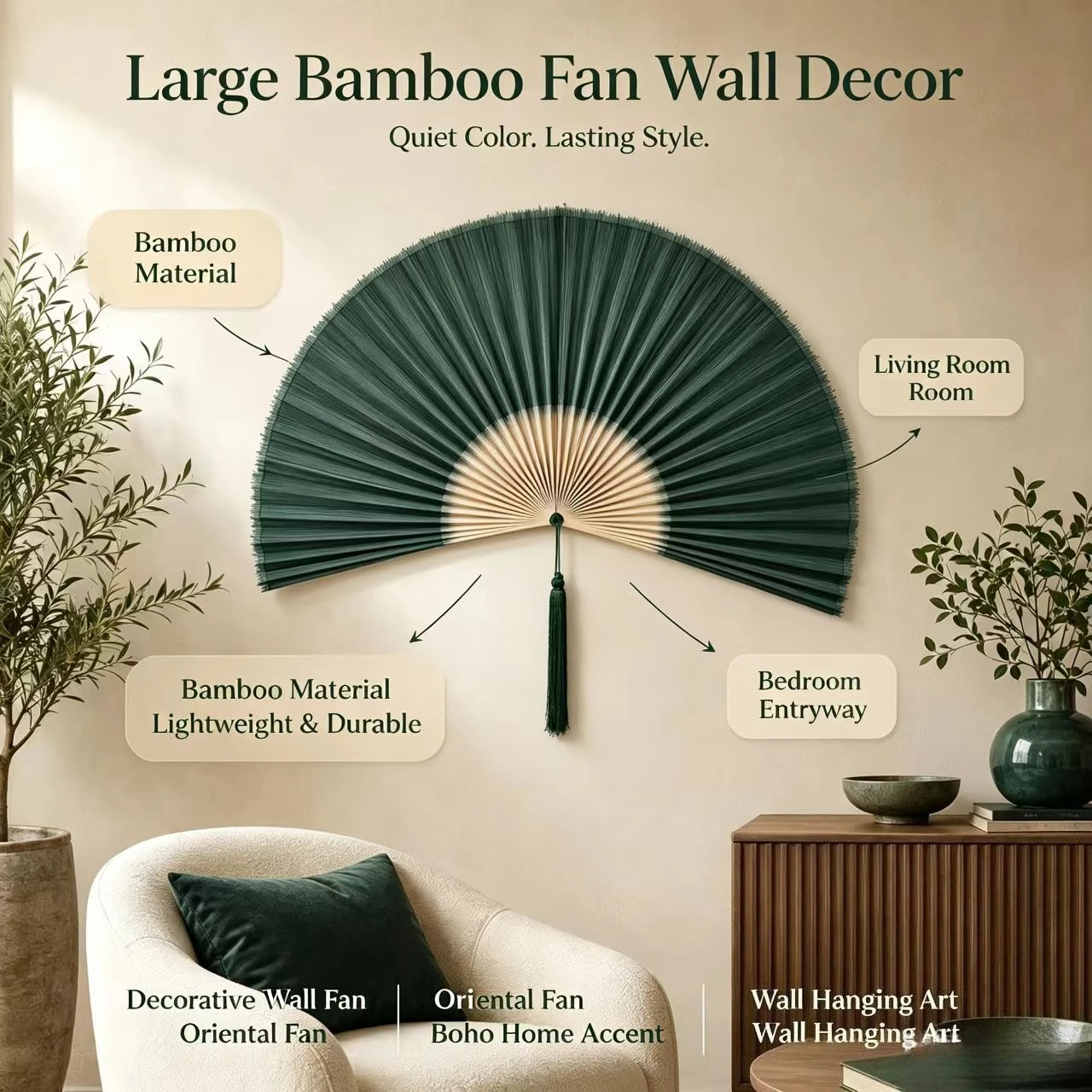 Handwoven Chinese Gradient Bamboo Wall Hanging Fan with Tassel, Oriental Wall Decor Fan for Wedding Bedroom Homestay Tea Room