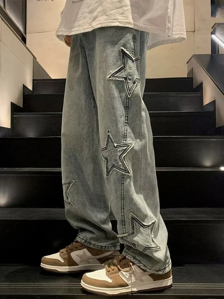 HOUZHOU Y2K Star Embroidery Casual Men Jeans Gothic Neutral Wide Leg Denim Trousers Male Loose Hip-hop Fashion Youth Streetwear