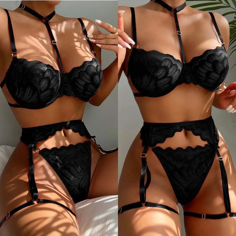 Sexy Lace Dress Underwear w/Garter Belt Set for Women Nightwear Sleepwear, Black Color, Polyester Fabric, High Elasticity