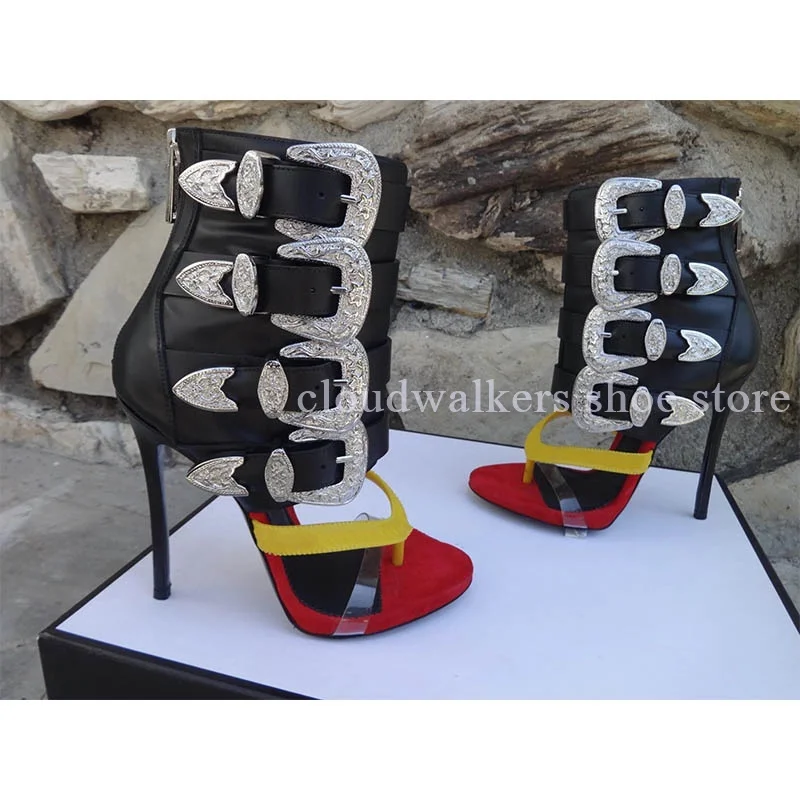 

Women's Red Yellow Patchwork Stiletto Sandals Roman Style Metal Belt Buckle Back Zipper Sandals Summer Flip-Flop Trendy Sandals