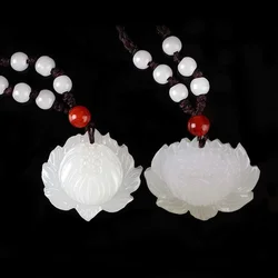 Natural White Jade  Lotus Pendant Jadeite Necklace Charm Jewellery Fashion Accessories Hand-Carved Luck Amulet Gifts