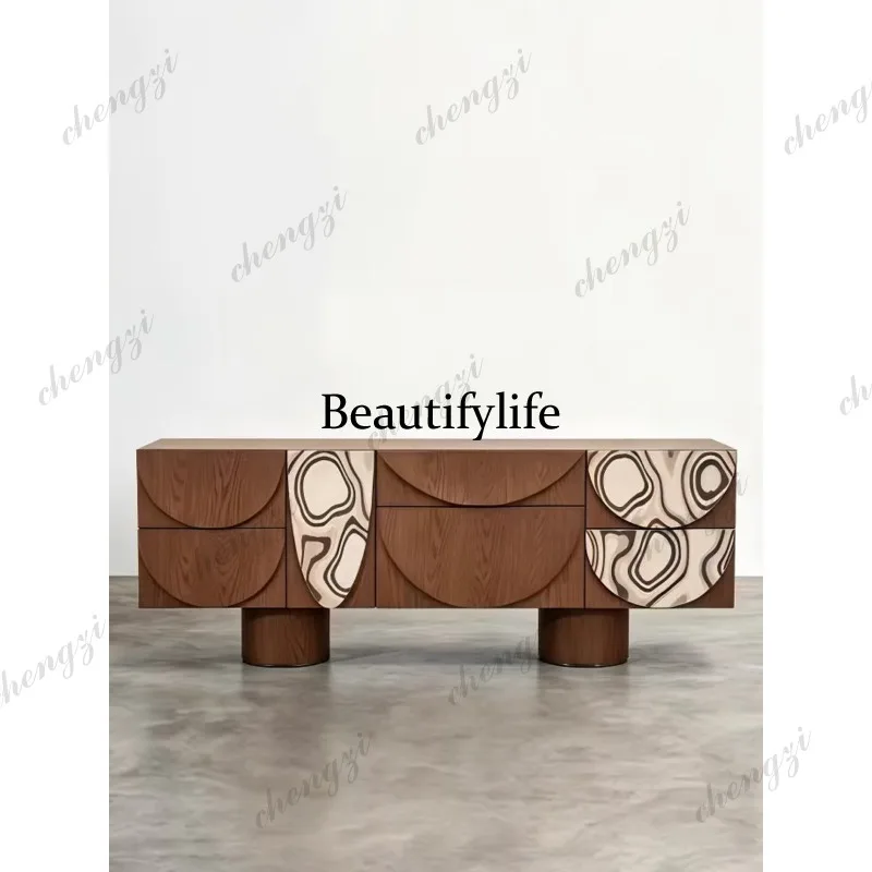 Medieval Solid Wood Entrance Cabinet Household Dining Side Cabinet Geometric Art Bedroom Locker