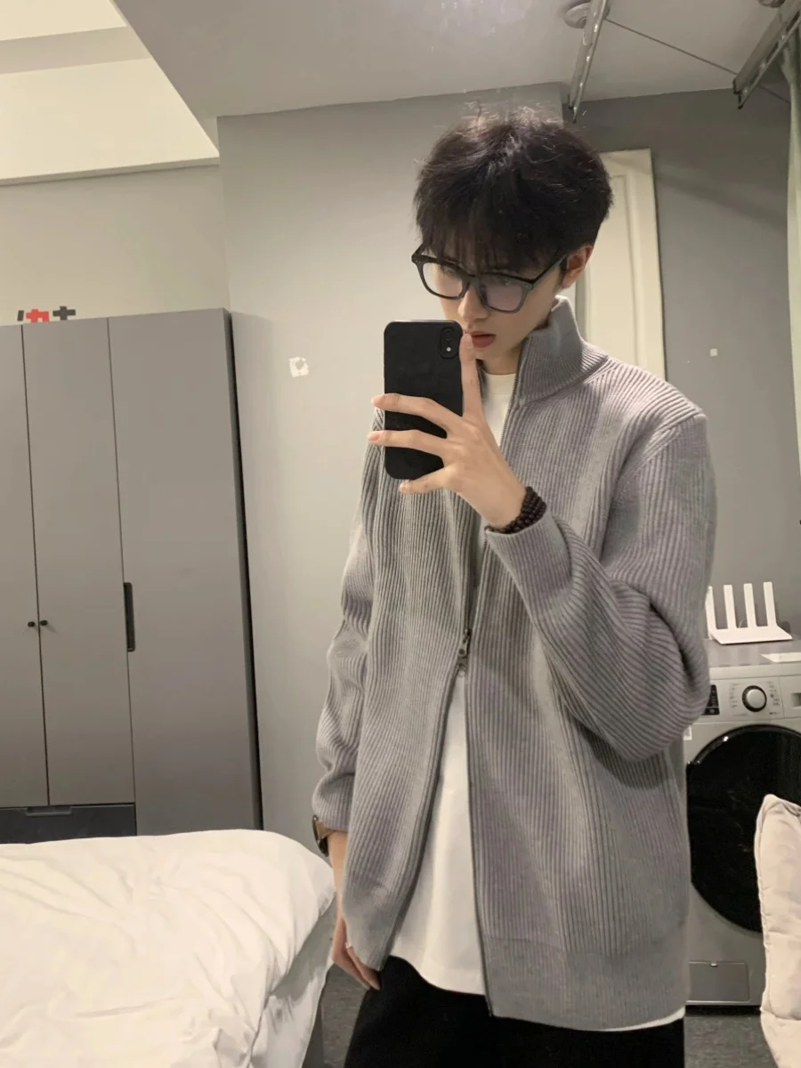 

Мужской свободный вязаный кардиган на молнии в корейском стиле, универсальный, в американском ретро-стиле, верхняя одежда