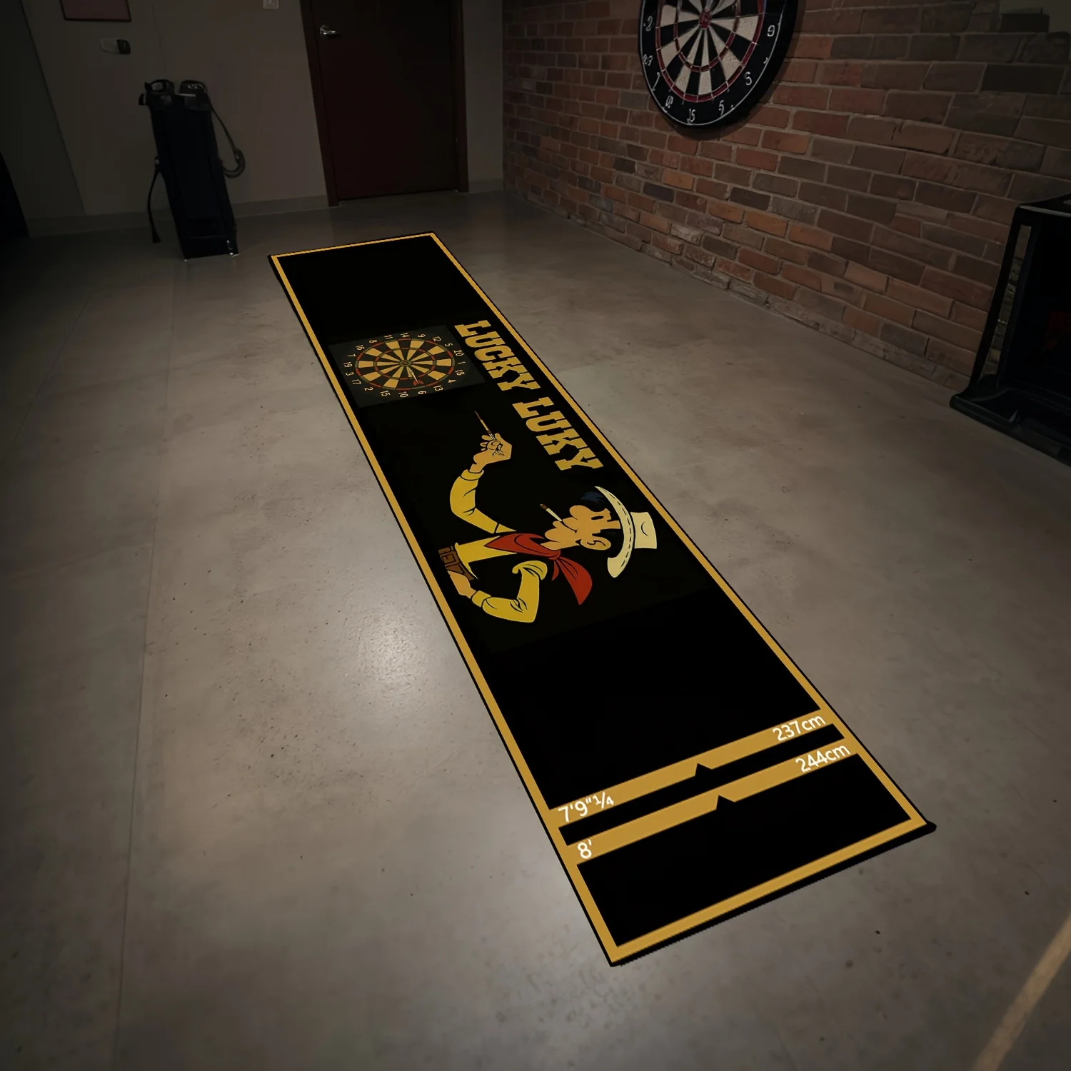 VIKAMA Lucky Luke Dart Mat Cartoon Print Non Slip Throw Line Mat with Distance Markers for Darts Game Room Home Decor