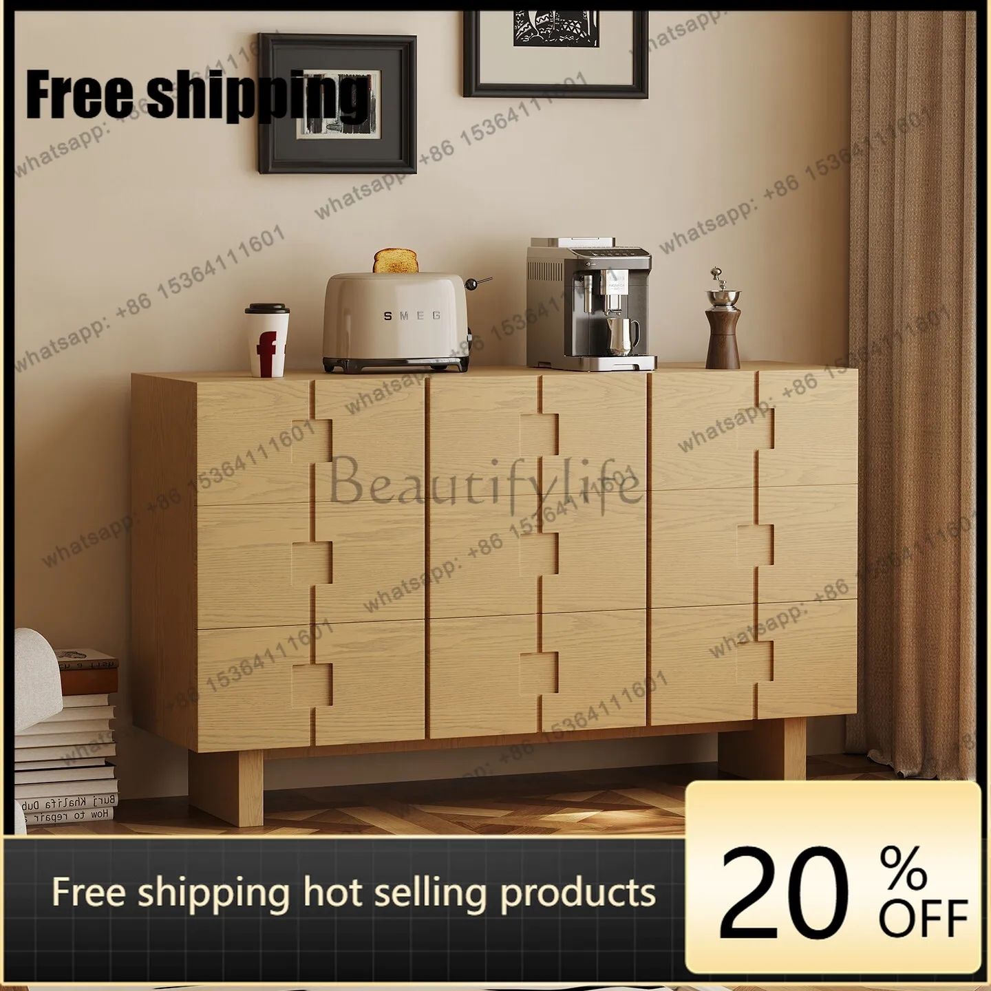 

Log wind solid wood dining side cabinet living room bedroom against the wall wabi sandy wind storage storage integrated cabinet