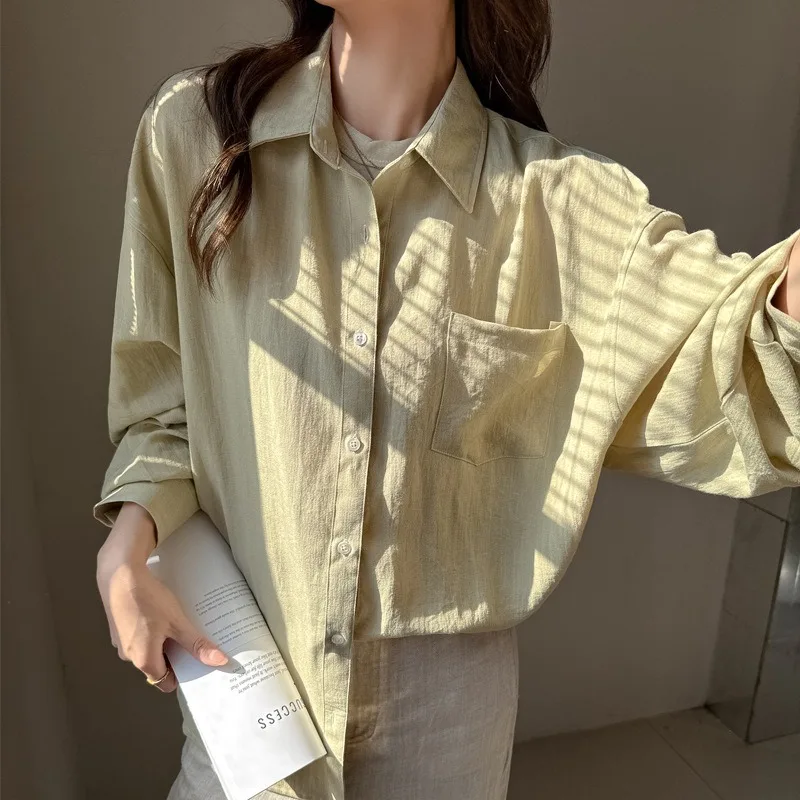Women's Spring Summer Linen Sun Protection Shirts Loose Wrinkle Resistant Long Sleeve Blouse Casual Outerwear