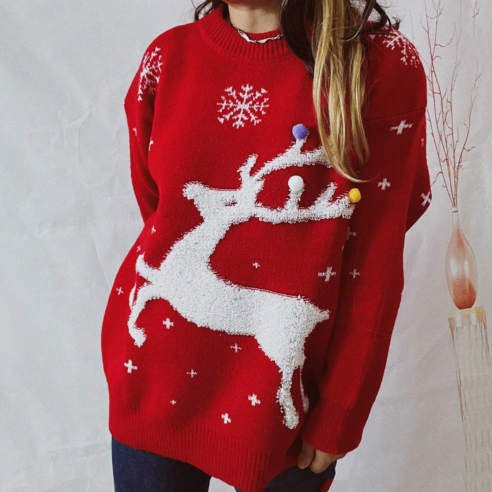 

Women Christmas Knit Sweater 2023 Fashion Korean Style Casual Loose Pullover Red White Fashion Warm Knitted Tops Xmas Jumpers