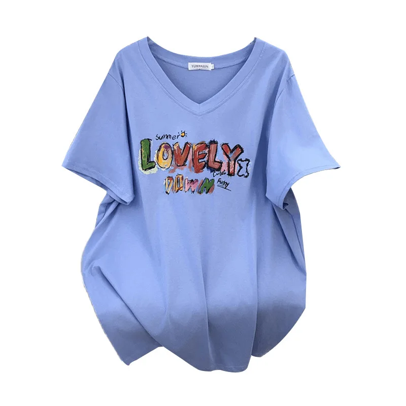 170Kg Plus Size Busto da donna 170 Estate Allentato con scollo a V Manica corta T-shirt Lettera stampata Top Nero Blu 4XL 5XL 6XL 7XL 8XL 9XL