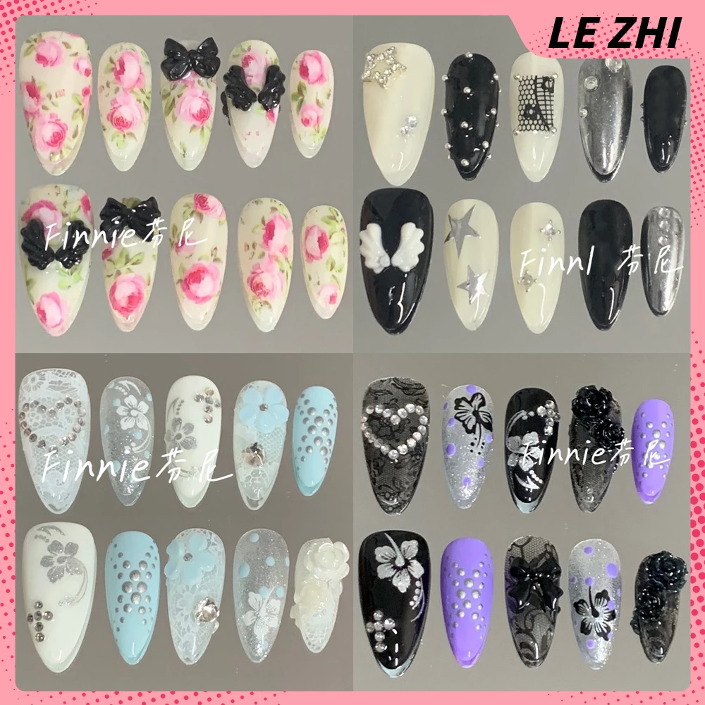 

10Pcs Spicy Girl Hello Kitty Handmade Almond Long Coffin Ellipse Press On Nails Flowers Bowknot Wings Diamond Full Cover Nails