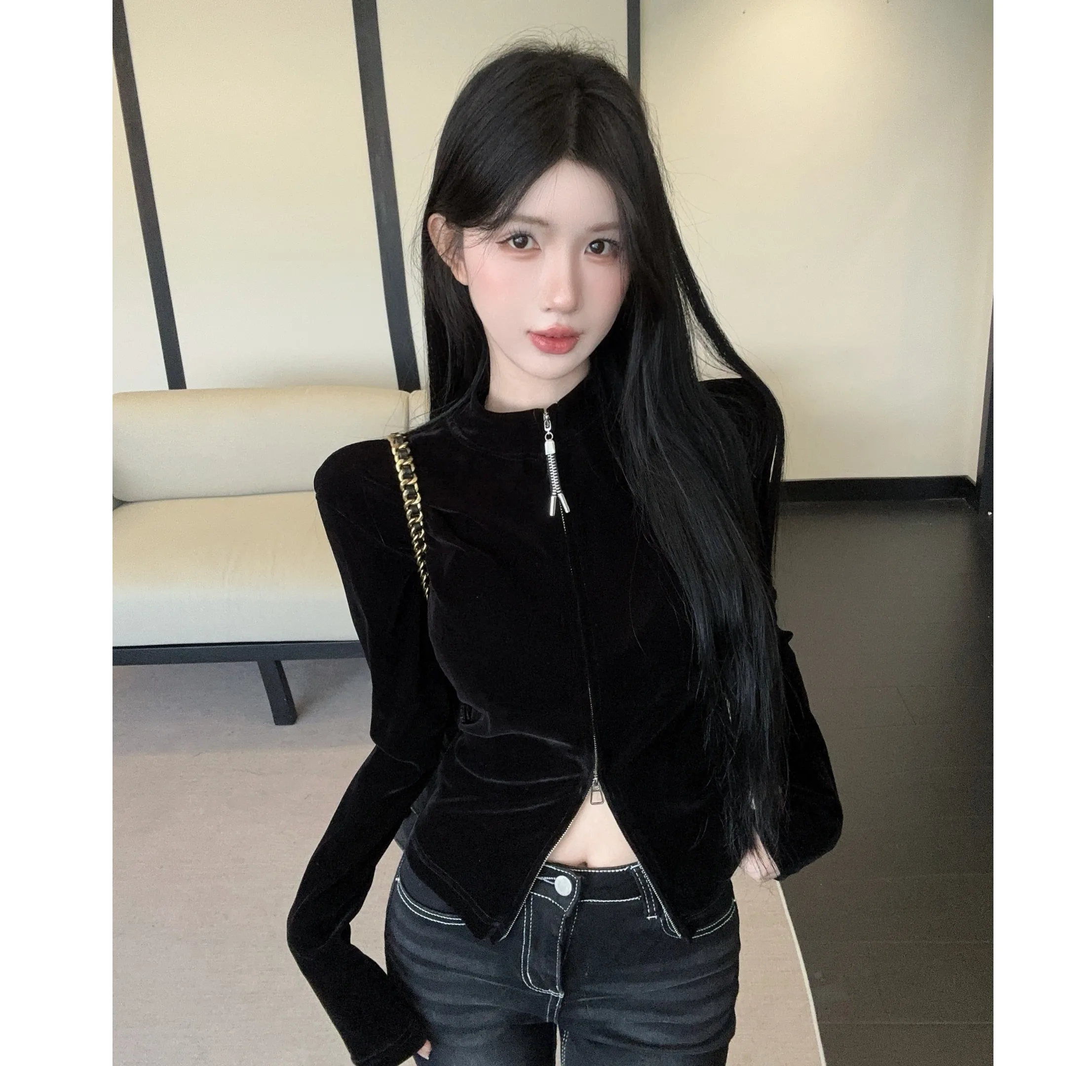 قميص مخملي طويل Sve بياقة واقفة وسحاب مزدوج متعدد الاستخدامات للتخسيس العصري للنساء للخريف والشتاء Faion يوميًا لون نقي T-... #5