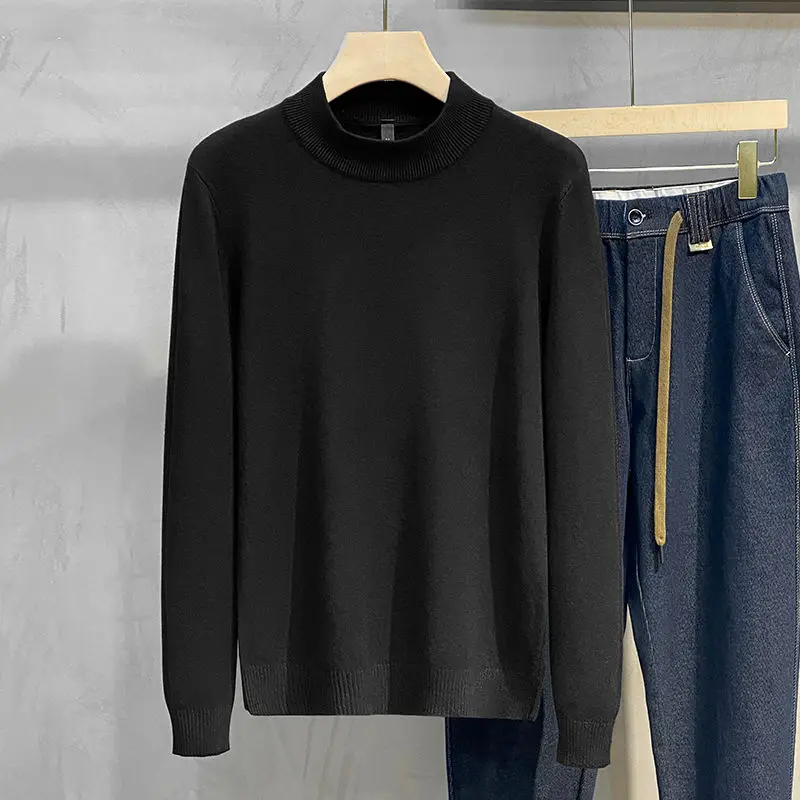 2023 New Autumn and Winter Fashion Trend Men's Simple and Versatile Half High Neck Knit with Underlay Men's Solid Sweater