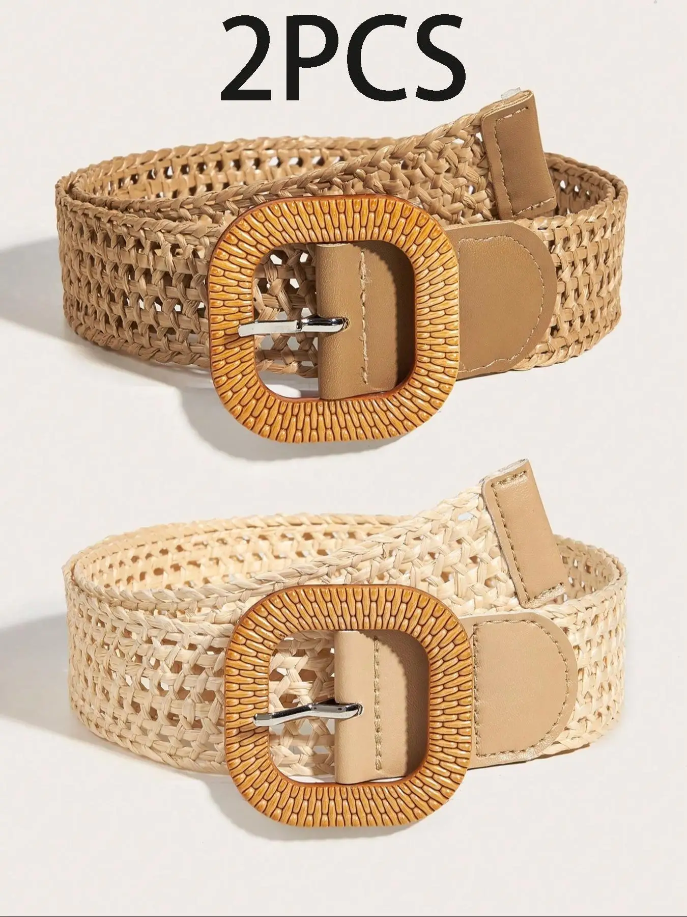 2pcs Spring/summer WOMEN'S Versatile Matching Dress Jacket with Hollowed out Grass Rope Belt Bohemian Style Retro Wooden Buckle
