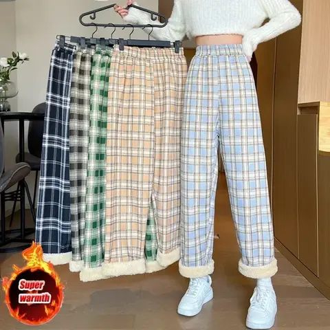 Fashion Warm Plush Pants Cashmere Thick Plaid Ladies Winter Casual Loose Wide-legged Pants Korean Streetwear Students