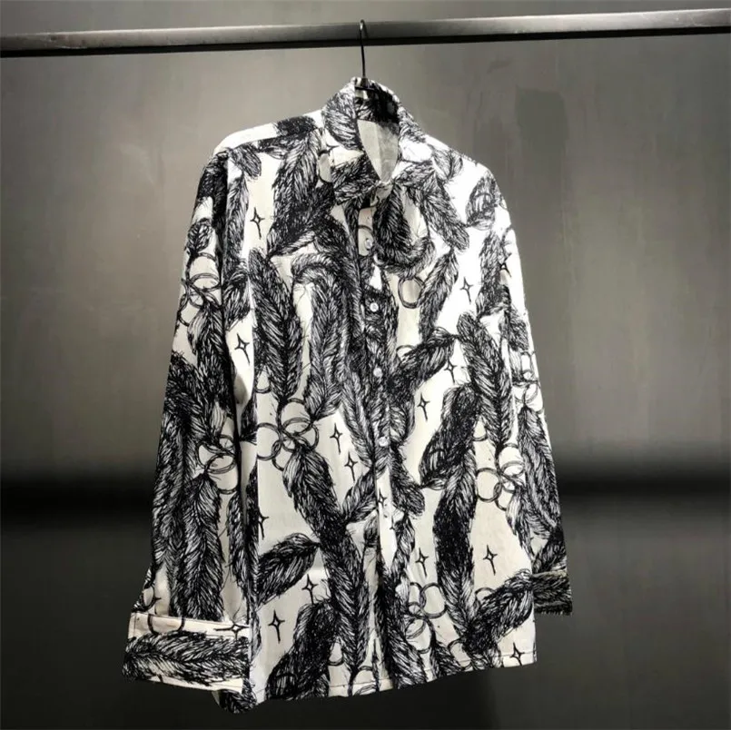 Feather printed long sleeved original design fashion shirt for Men Women loose thin Turndown Collar Top Blouse Y4248