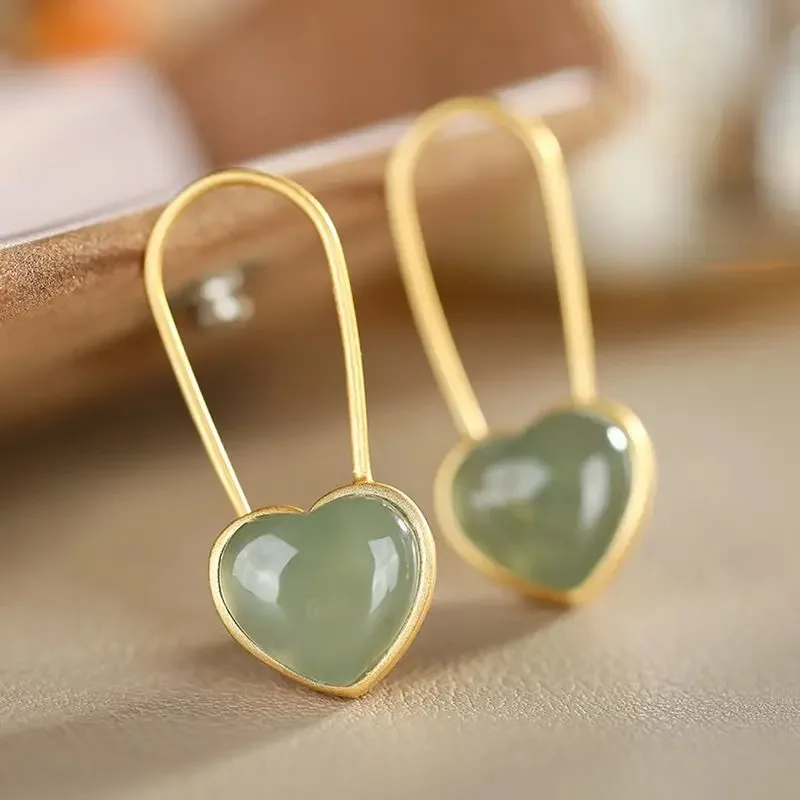 

New silver inlaid natural Hetian jade heart-shaped ear hooks Chinese style retro romantic small fresh fairy cute brand jewelry