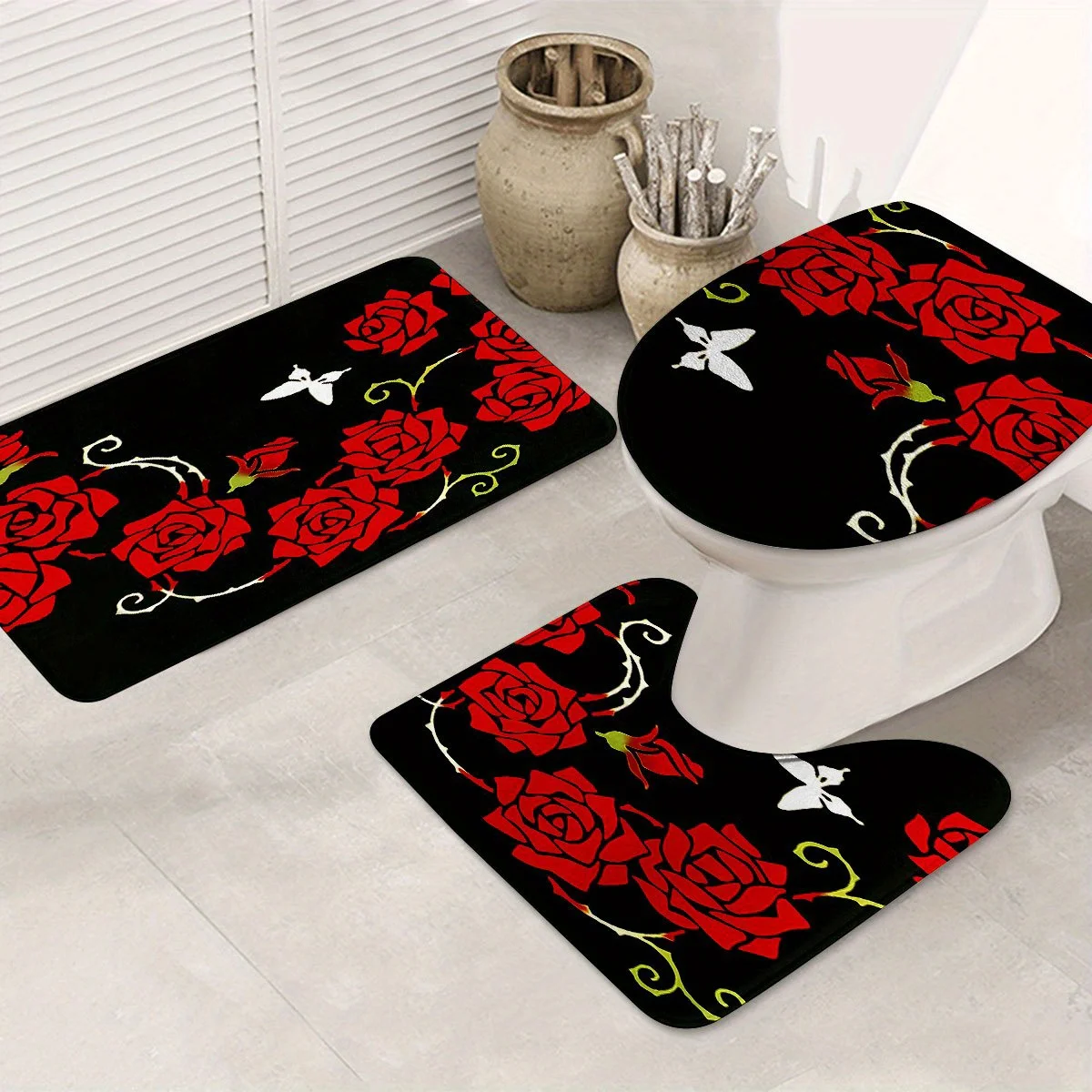 

3 шт. романтическое украшение для ванной комнаты с розами, полиэфирная ткань, можно стирать в машине, U-образный коврик, нескользящий коврик, коврик для крышки унитаза