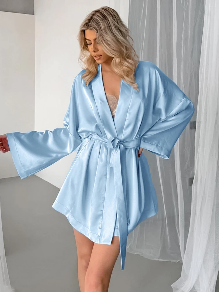 HiLoc Sexy Blue Robes Women Pajama Splicing Women\'S Dressing Gown Mini Sexy Bathrobes With Belt V-Neck Satin Pajamas 2024 Dress