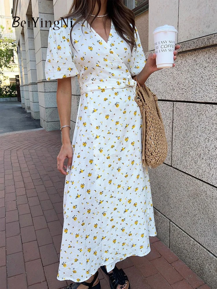 Beiyingni 2025 été femmes robe français élégant coton imprimé fleuri longues robes femme à lacets col en v vacances rose robes