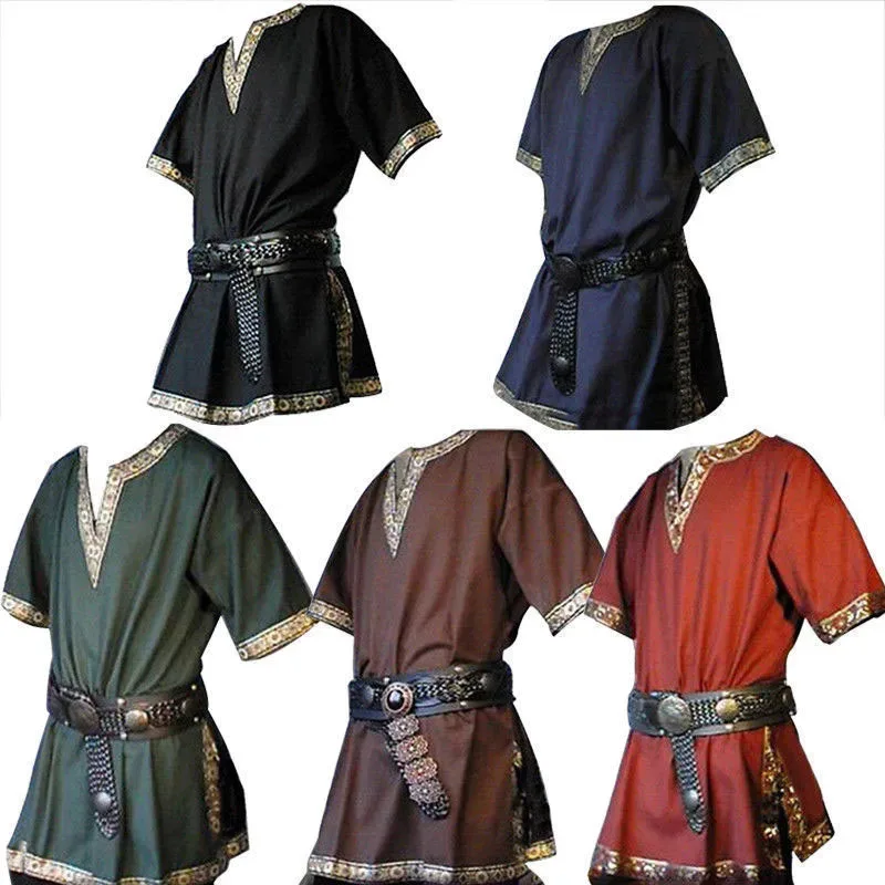 2025 yiyi Uomini Adulti Cavaliere Medievale Guerriero Costume Tunica Verde Abbigliamento Norman Chevalier Treccia Vichingo Pirata Sassone LARP Top Shi