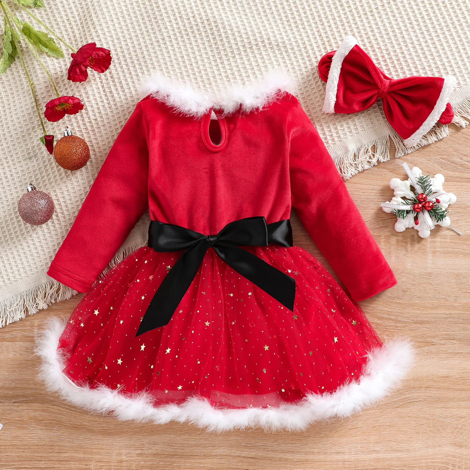 1-5Y Princess neonate Christmas Dress fascia 2 pezzi collo di pelliccia cintura a maniche lunghe abito in velluto di pizzo con paillettes