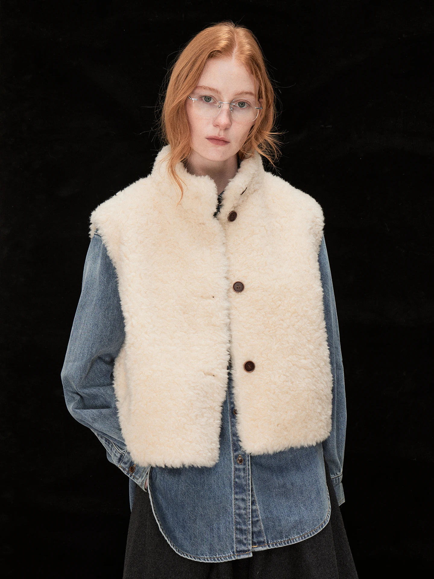 

Warm eepskin Vest Women's Faion Simple Sle Woolen Coat without Sves Stand Collar Autumn Winter Outerwear Jaet