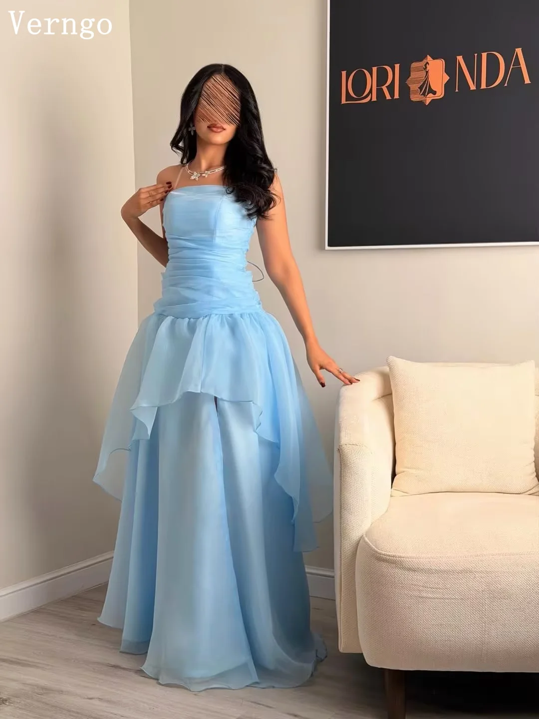 Verngo Light Blue Organza Evening Dress Tiered Ruffle High Slit A-Line Party Gown Wedding Guest Dress Customized Customi