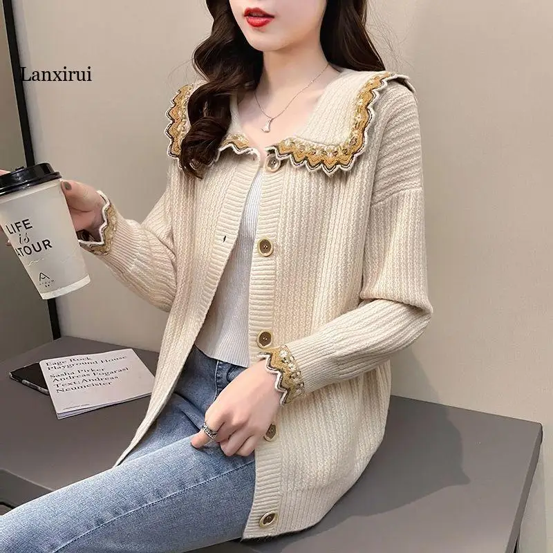 

Red Sweater Women's Single-breasted Cardigan Jacket Autumn Long Sleeved Doll Collar Knitted Cardigans Sweaters Coat Girl Tops