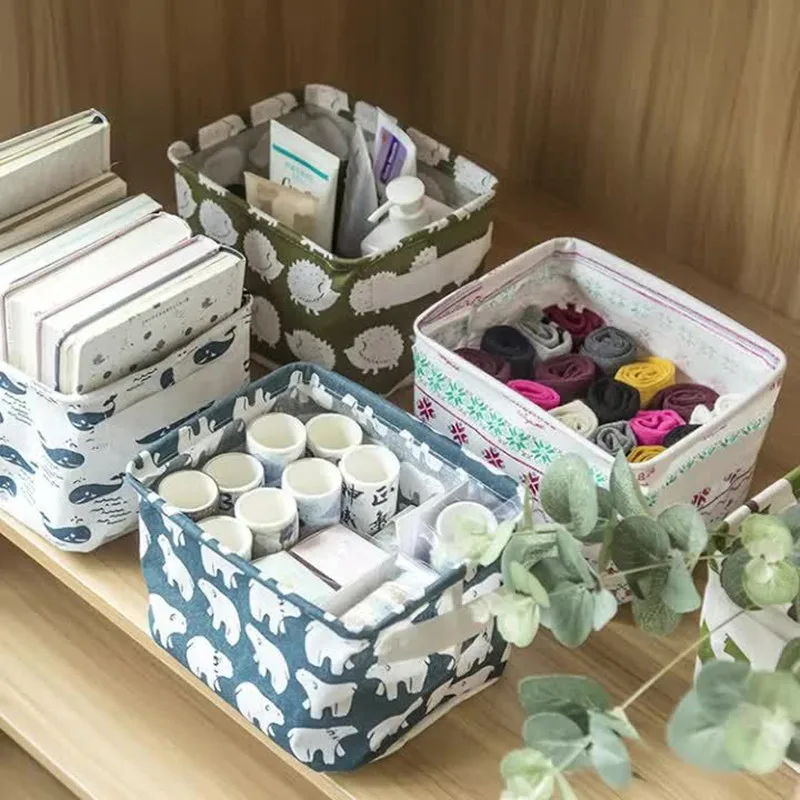 Caja de almacenamiento de escritorio para el hogar, cesta de almacenamiento varios de algodón y lino, cesta de almacenamiento de tela a cuadros blanca