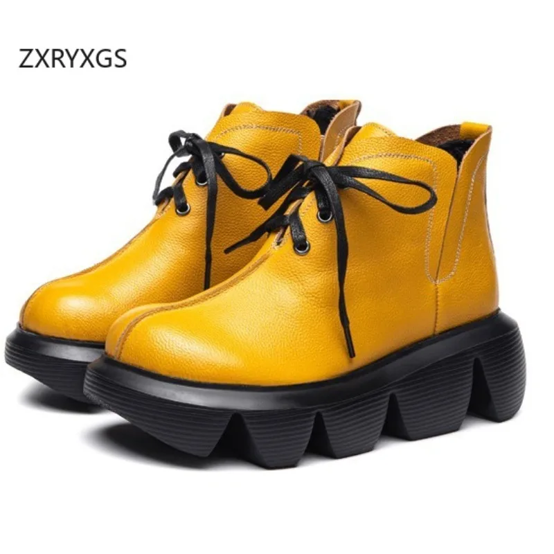 

ZXRYXGS Top Layer Cowhide Autumn Winter Boots Thick Soled Non-slip Heighten Boots Lace Up Real Leather Boots Women's Shoes 2026