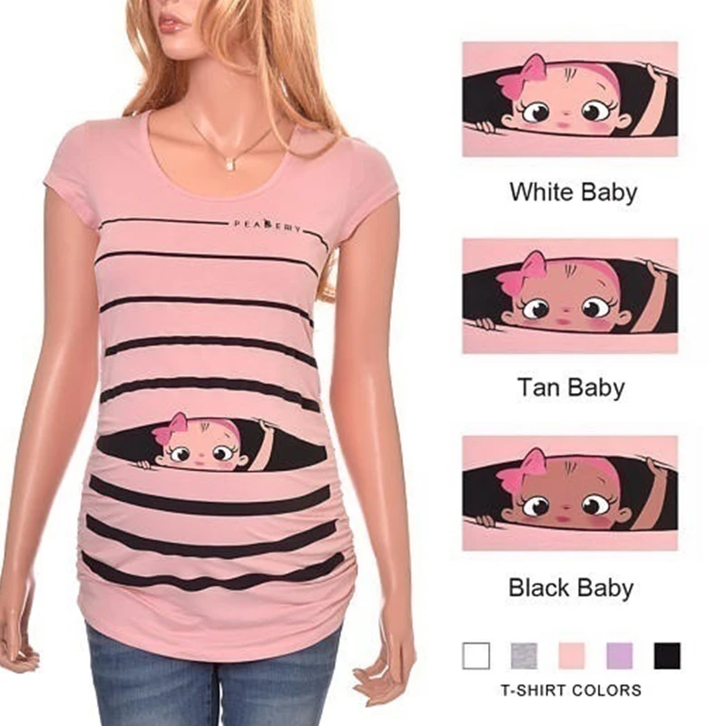 Summer Maternity Women Cute Funny Print T-shirt Pregnancy Wear Striped Cartoon Baby Short Sleeve T-shirt  Clothes for Pregnant