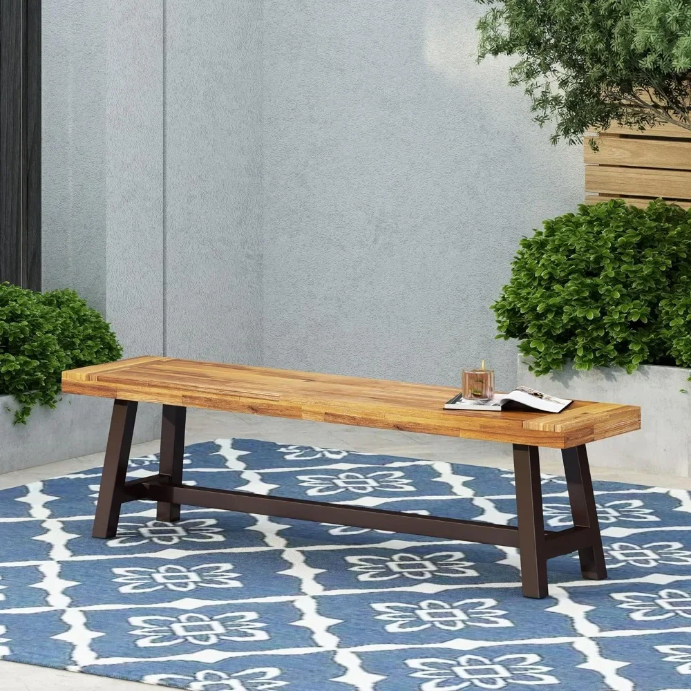 

Outdoor Garden Benches, Acacia Wood and Rustic Metal Bench, Patio Furniture, Sandblast Finish, Rustic Metal, Free Shipping