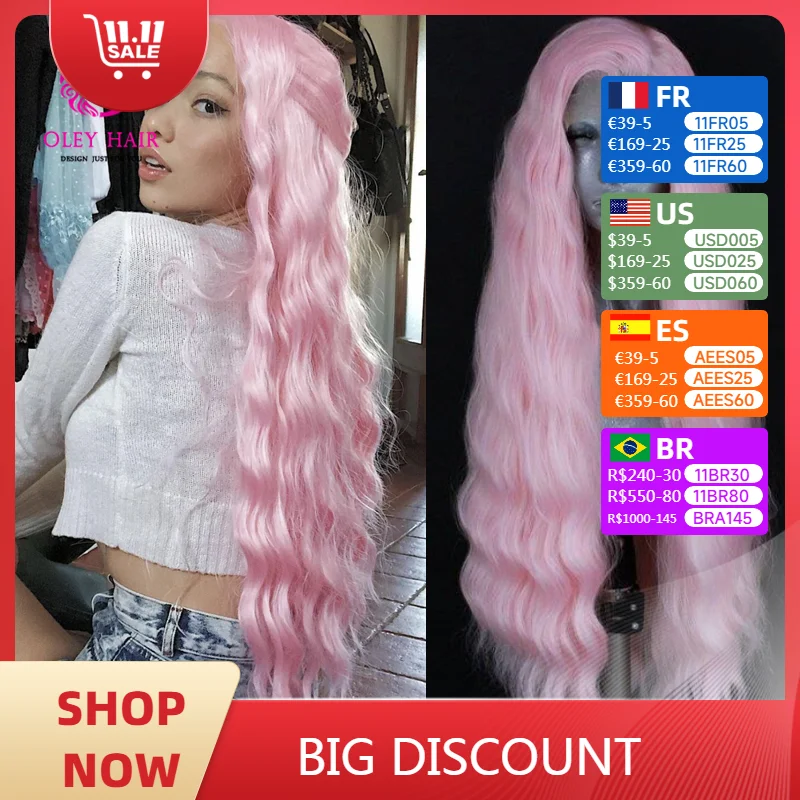 

Long Pink Synthetic 13x4 Lace Front Wig Heat Resistant Deep Wave Daily Wear Per-Plucked Cosplay Wigs For Women Prom Hairstyles