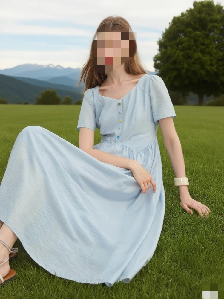 

Women's White Sand Holiday Style Colorful Button Dress Elegant Summer Long Dress Customized.