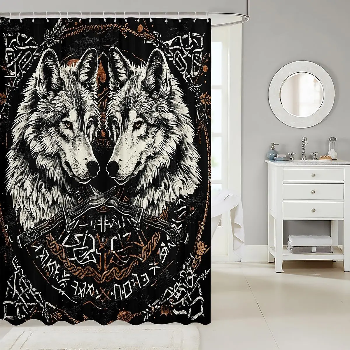 Wolf Pair Tribal Art Shower Curtain Waterproof Bathroom Decor Gothic Forest Wolf Mural 72x72 Inches Accent