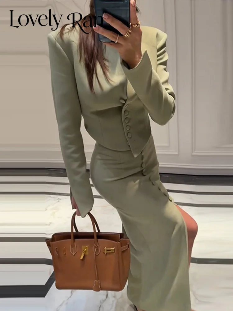 Elegant Women Office Set Stand Collar Single Breasted Crop Female Coat And Long Package Hip Split Lady Streetwear 2026 Autumn