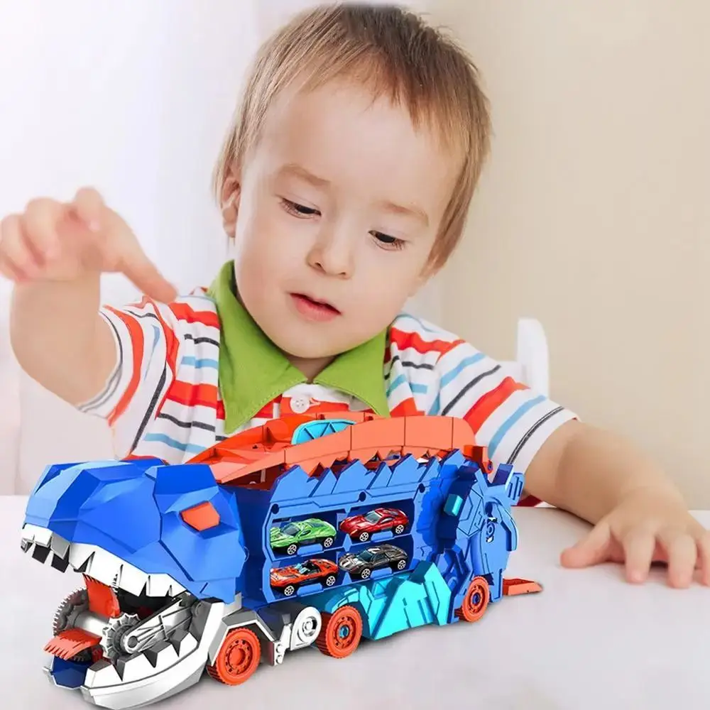 Brinquedo de carro de dinossauro de modo duplo exclusivo com alça dobrável dinossauro transformado brinquedo seguro corrida dinossauro pista brinquedo aniversário/natal