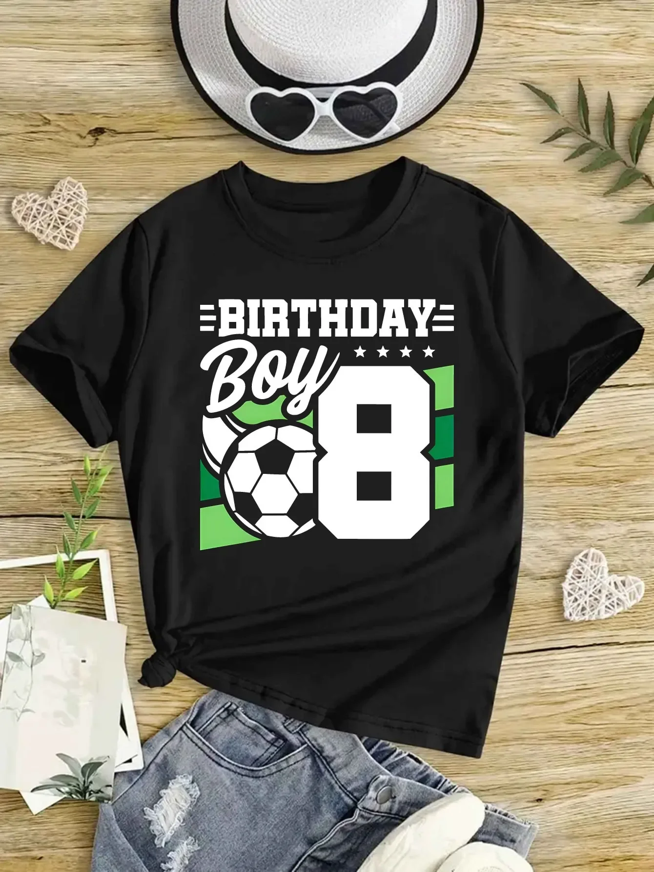 Football Pattern Birthday Boy 8 Letter Number Printed Short Sleeve T Shirt Sports Style Casual Outfit For Eight Year Old Boys