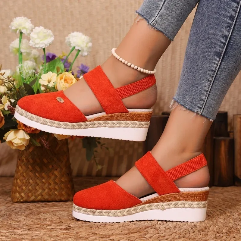 Summer Women Linen Plain 6cm Wedge Sandals Handmade Ladies Casual Comfortable womens shoes