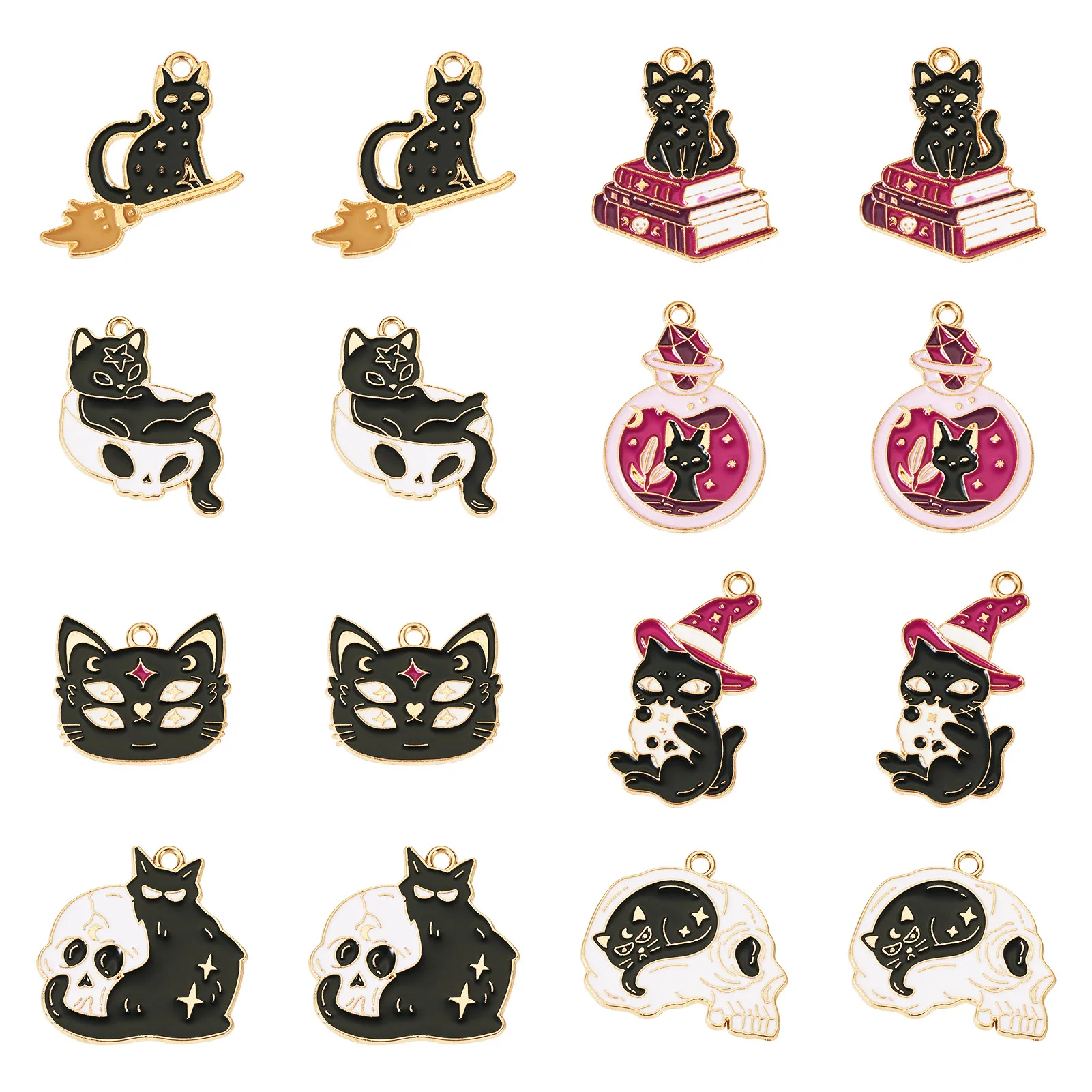 

16Pcs Halloween Alloy Enaml Pendants Golden Magic Cat Charm Mixed Color for DIY Jewelry Necklace Bracelet Earring Key Chain