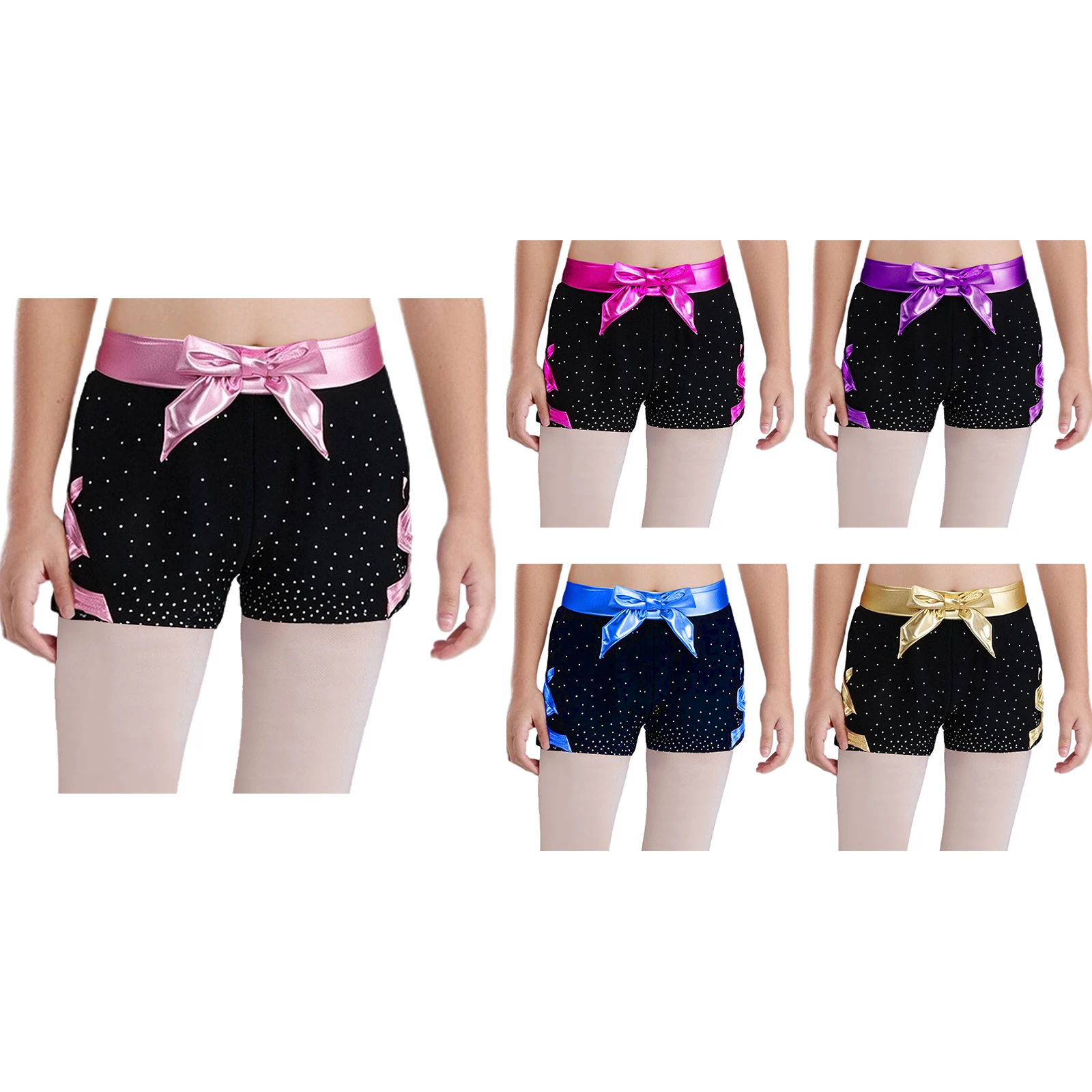 

Teen Girls Bow Rhinestones Ballet Dance Shorts Skating Gymnastics Sports Bottoms Metallic Stretchy Sides Crisscross Basic Shorts
