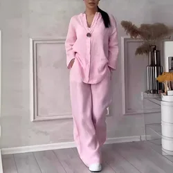 Casual Solid Color Pullover Long Pants 2-piece Set Women's Cotton and Linen Pants Suit White Pink