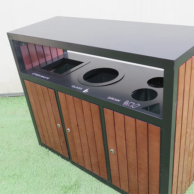 xx-Garden Park Wood Dustbin Trash Waste Bin Outdoor Steel Rubbish Garbage Trash Can*