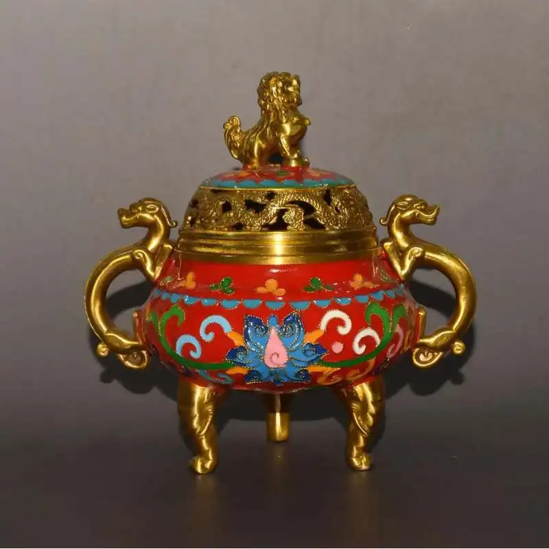 Copper ornament, cloisonné enamelwork, dragon-earred three-legged beast head incense burner craft