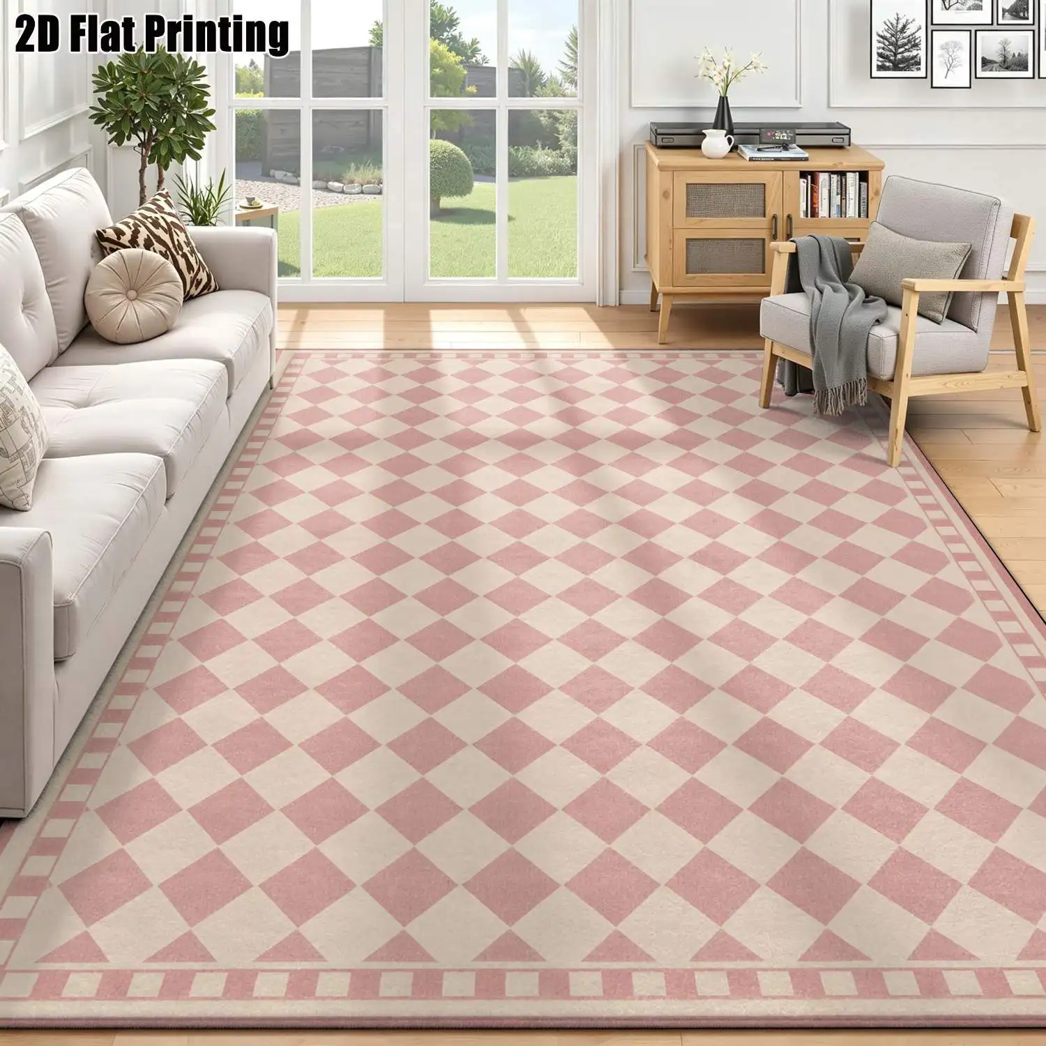 1Pc 2D Printed Pink Diamond Geometric Pattern Nordic-Style Carpet, Instagram-Inspired Modern Minimalist Floor Mat, Multi-Size, Machine-Washable, Ideal for Entrance, Dining Room, Foyer, Bedroom & Living Room Home Decoration