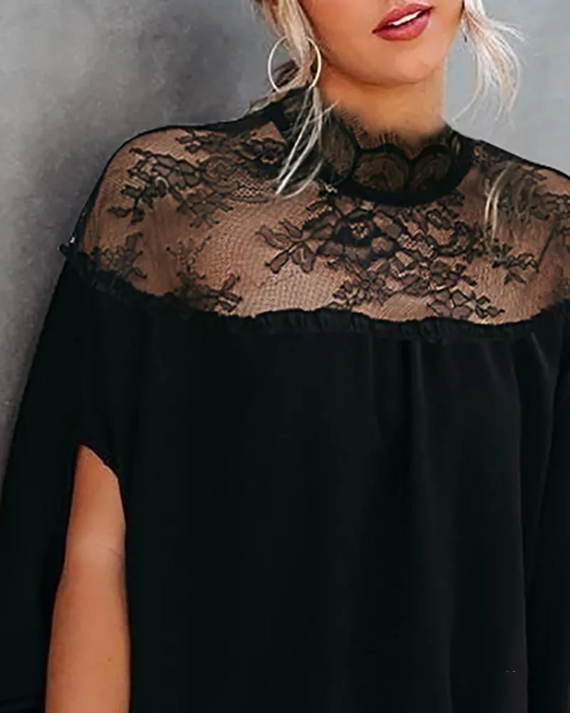 

Loose Women's Casual Lace irt Top Batwing Sve Patchwork Coat Sle round Ne ort Sve Summer Faion Ladies' Blouse